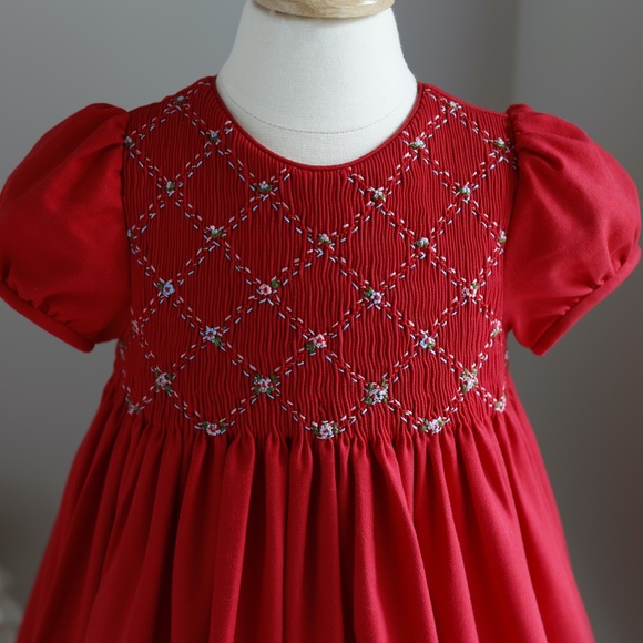 Girls Red Smocked Dress Hand- Embroidery Luli & Me Short Sleeve - Picture 3 of 10